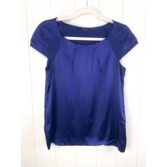 Theory Women's Silk Lowther Pleat Neck Blouse Top Blue S - Picture 1 of 10